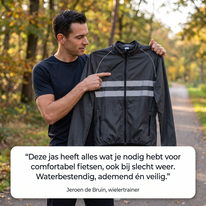Őszi erdei úton egy férfi a fényvisszaverő csíkos szürke kabátot tartja, és a csíkokra mutat, alatta ajánlás szöveggel. 6