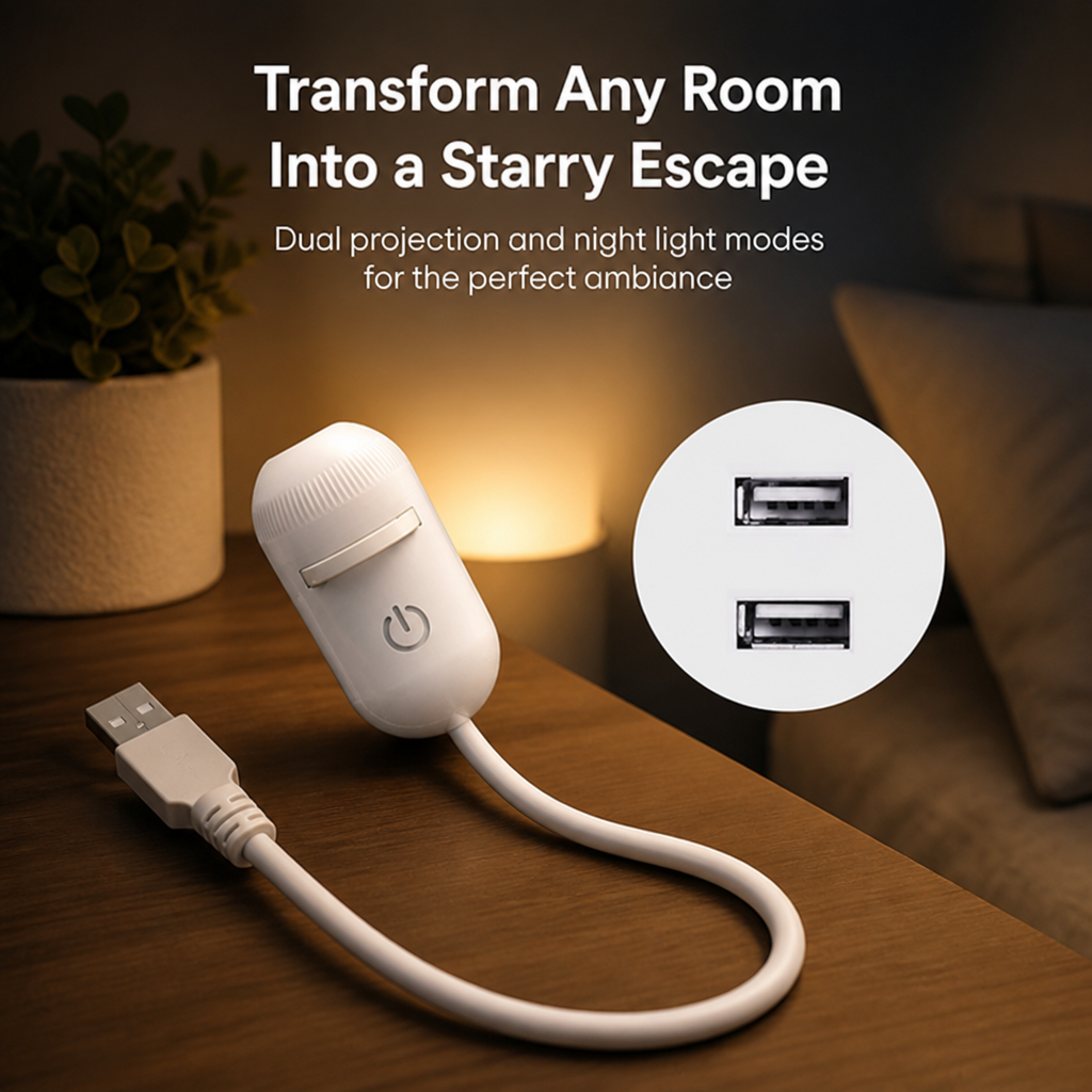 Fehér, kapszula alakú csillagvetítő USB-kábellel egy fa éjjeliszekrényen, mellette két USB-aljzat nagyított részlete, háttérben meleg fényű lámpa. 1