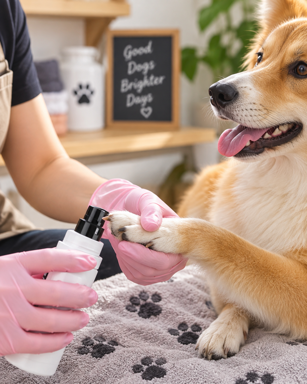 Rózsaszín kesztyűs kéz tartja egy corgi mancsát, miközben csiszolót fog a másik kezében 8