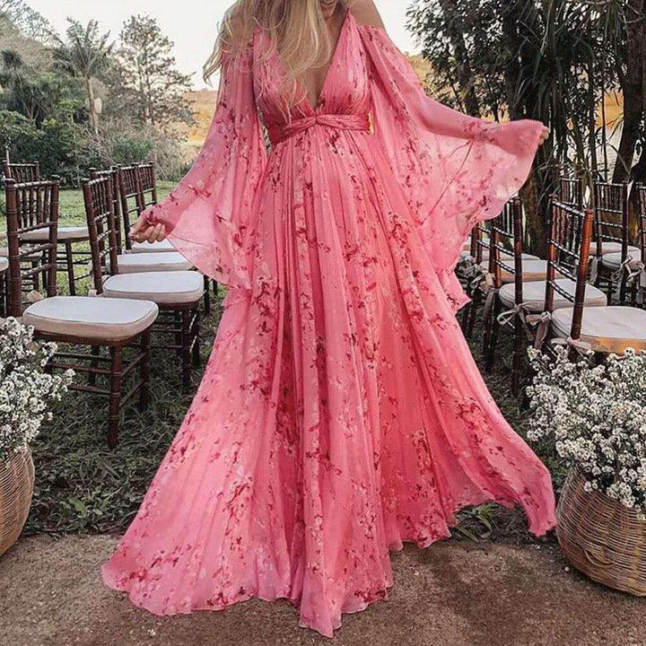 Laza Rózsaszín Chiffon Ruha Harangszerű Ujjakkal - Isabelle