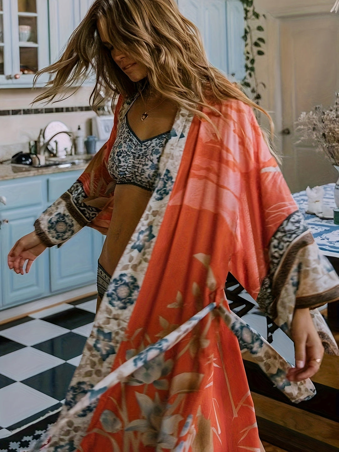Piros Virágmintás Kimono - Isabella