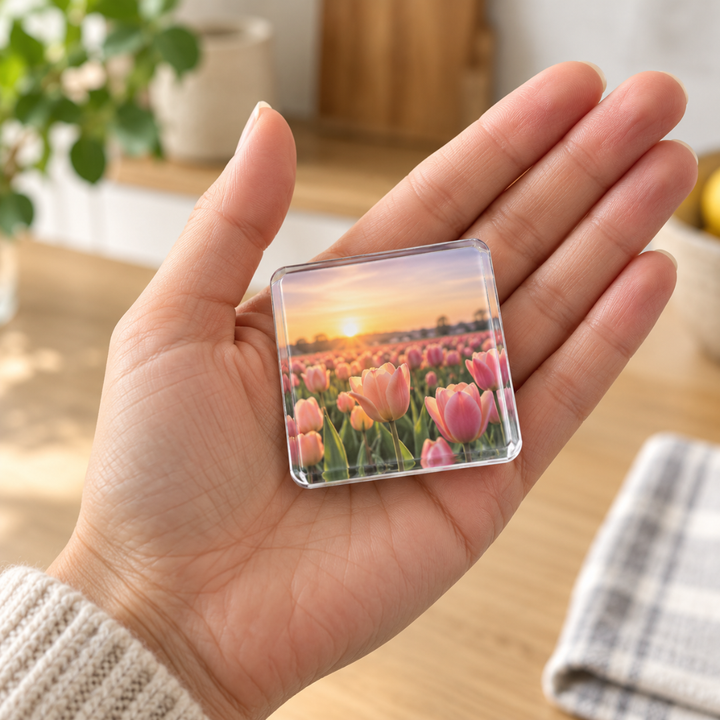 Tenyéren tartott négyzet alakú akrilmágnes tulipánmezős képpel, jól mutatja a mágnes méretét 6