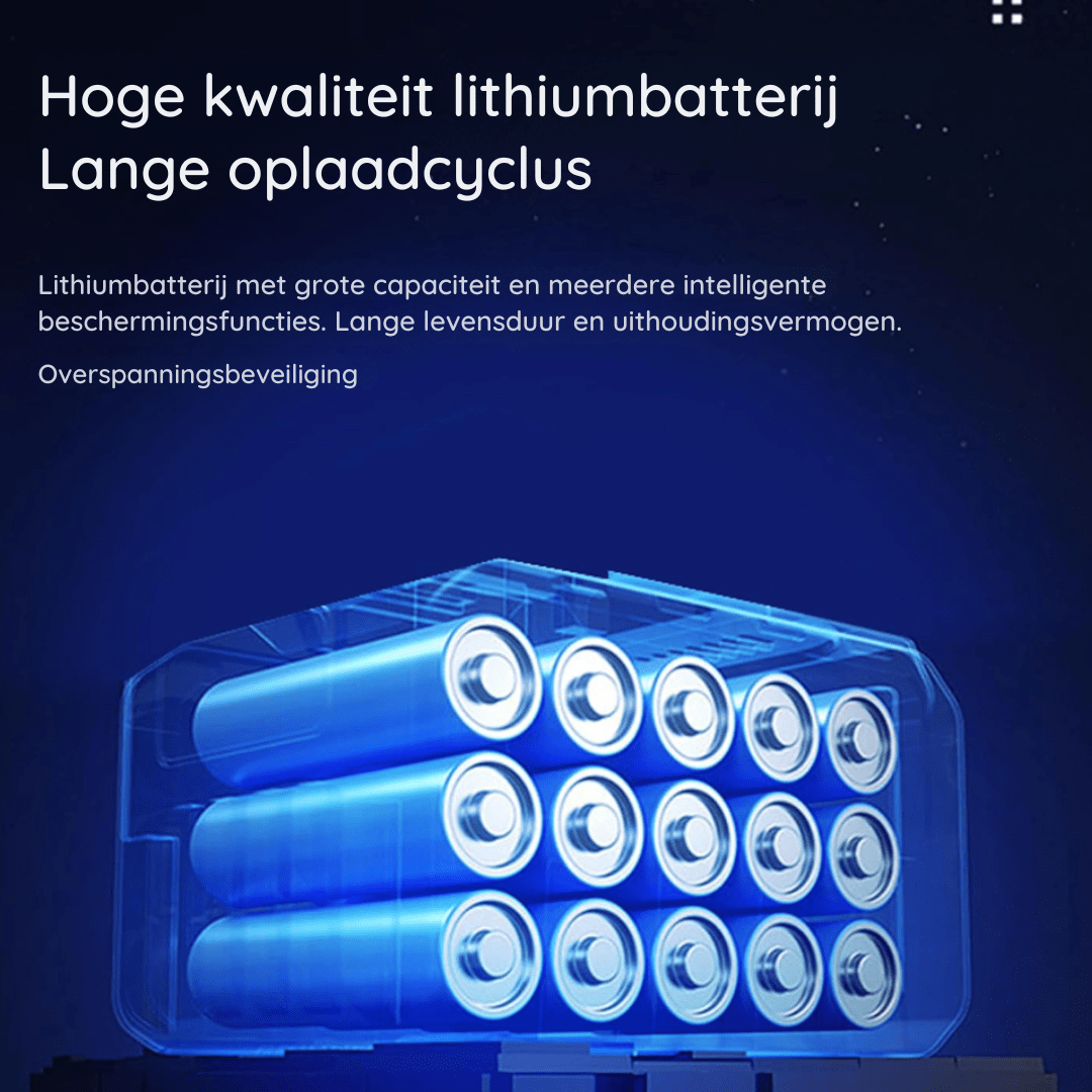 Sötétkék grafika átlátszó tokban sorakozó kék lítiumakkumulátor-cellákról, a lámpa hosszú élettartamú, védelemmel ellátott akkumulátorát szemléltetve. 6