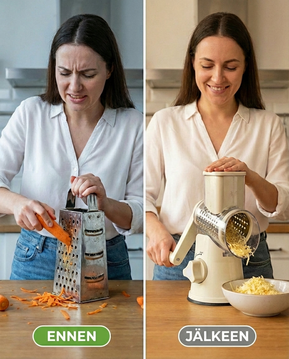 Előtte-utána kép: balra egy nő nehezen reszel sárgarépát kézi reszelőn, jobbra mosolyogva forgatja a krémszínű aprítót, a tálban sajt. 3