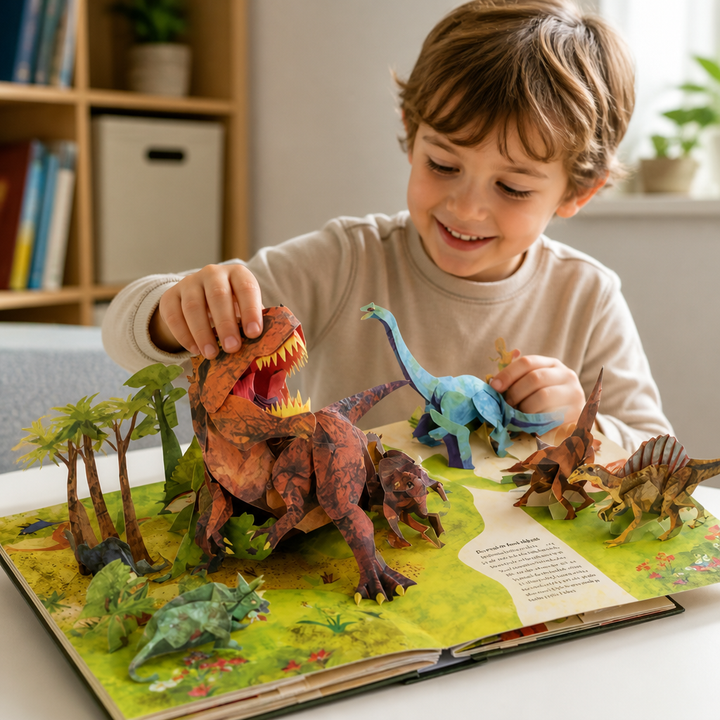 Barna hajú kisfiú nevetve nyúl a nyitott könyv felfelé álló, papírból hajtogatott T-rexéhez 3