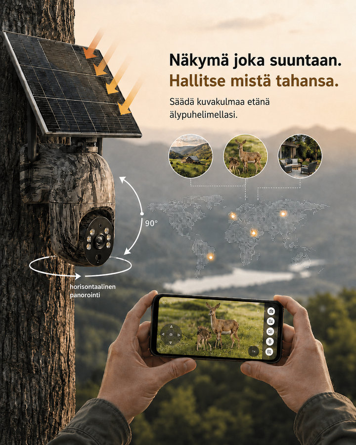 Fatörzsre szerelt kamera dönthető és forgatható mozgást mutató nyilakkal, előtte telefonon vezérelt élő kép egy őzről. 6