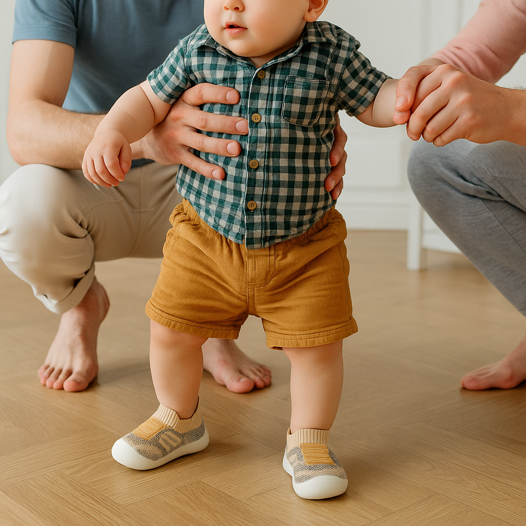 Kisgyerek szülei kezét fogva, parkettán tipeg bézs-mustársárga kötött baba cipőben, kockás ingben és barna rövidnadrágban. 5