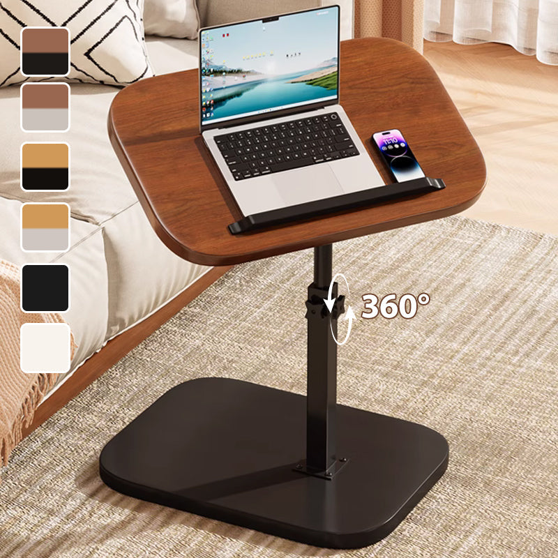Barna fa lapú, fekete lábú laptopasztal kanapé mellett, rajta laptop és telefon, 360 fokos forgást jelző nyíllal és hat színminta-ikonnal. 1