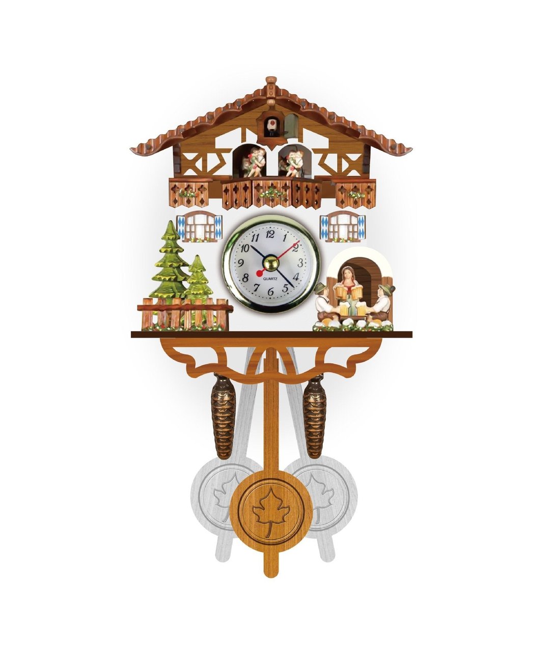 Kisebb, nyugatos árnyalatú házikó formájú falióra kerek számlappal, fenyőfákkal, korsókat tartó pincérnővel és hintázó, juharleveles ingával. 2