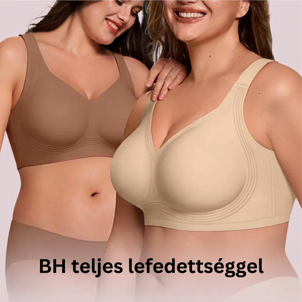 Két mosolygó modell barna és bézs teljes fedésű melltartóban, egymásra támaszkodva 7