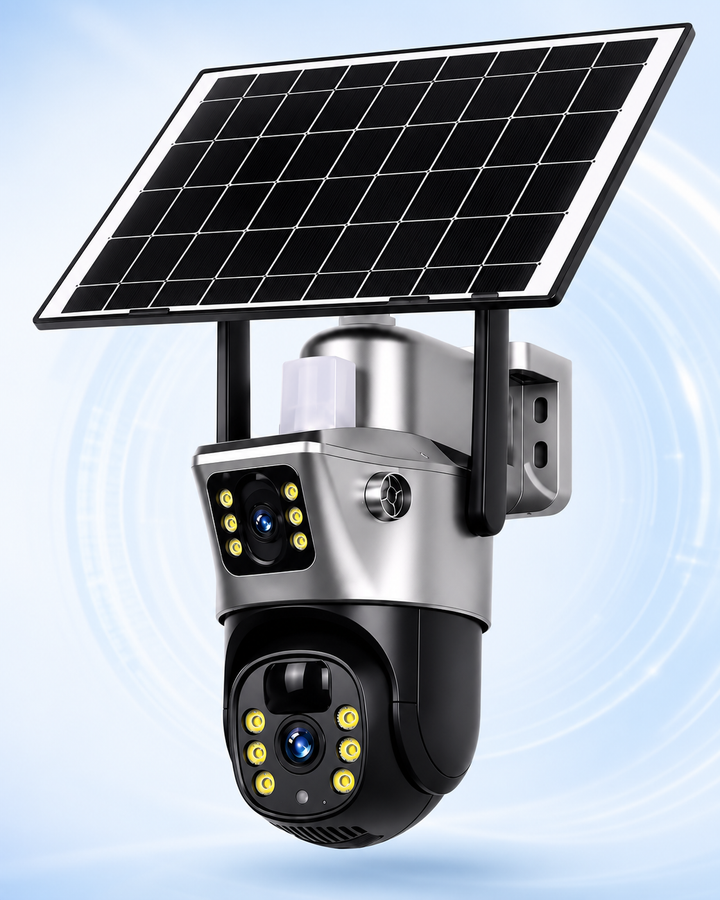 Két lencsés, ezüst-fekete napelemes kamera nagy napelemmel és két antennával, világoskék háttér előtt. 11