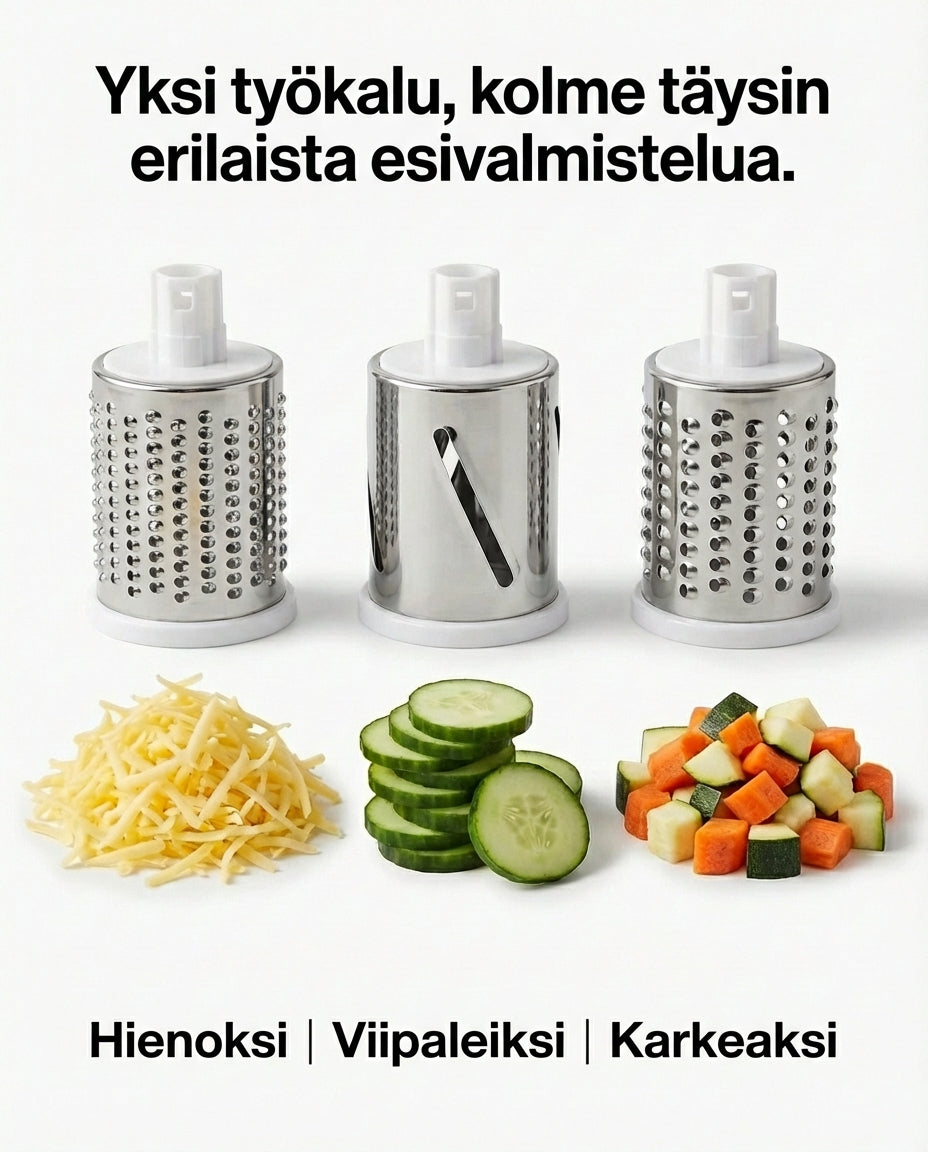 Három rozsdamentes dob egymás mellett, alattuk a hozzájuk tartozó eredmény: reszelt sajt, uborkakarikák és kockázott zöldség. 6