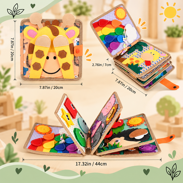 Zsiráfos filckönyv zárt és kinyitott állapotban, a méretek feltüntetésével: 20 cm, 7 cm vastag, kinyitva 44 cm 11