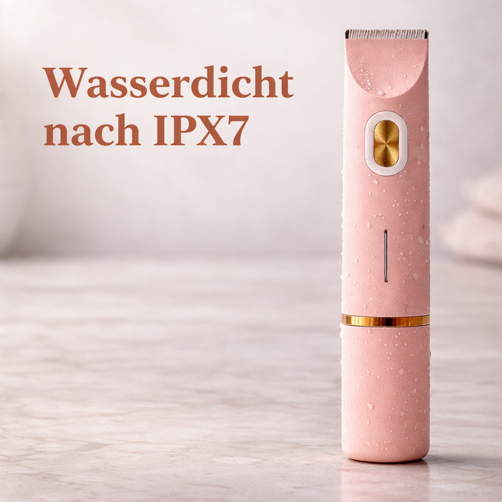 Rózsaszín trimmer vízcseppekkel borítva márvány felületen, a vízállóságot hangsúlyozó felirattal. 11