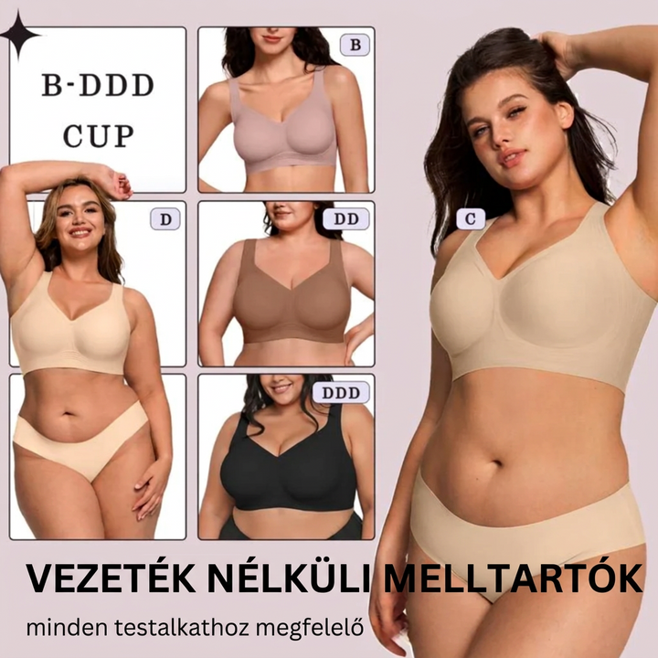Különböző kosárméretű, drótmentes melltartók különféle alkatú modelleken, bézs, barna, mályva és fekete színben 14