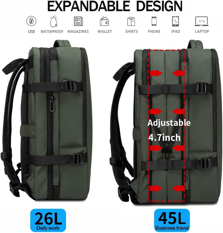 Bővíthető 26–45L vízálló utazó hátizsák laptop rekesszel és sporttáska fogantyúval