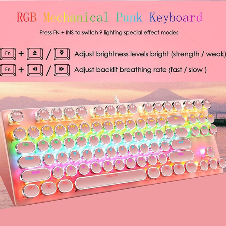 87 billentyűs mechanikus játékbillentyűzet RGB háttérvilágítással, kék kapcsolóval
