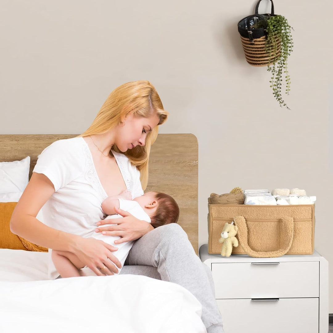 Baby Nappy Caddy Szervező – Plüss Sherpa Tároló Kosár Rekeszekkel – Elvoria