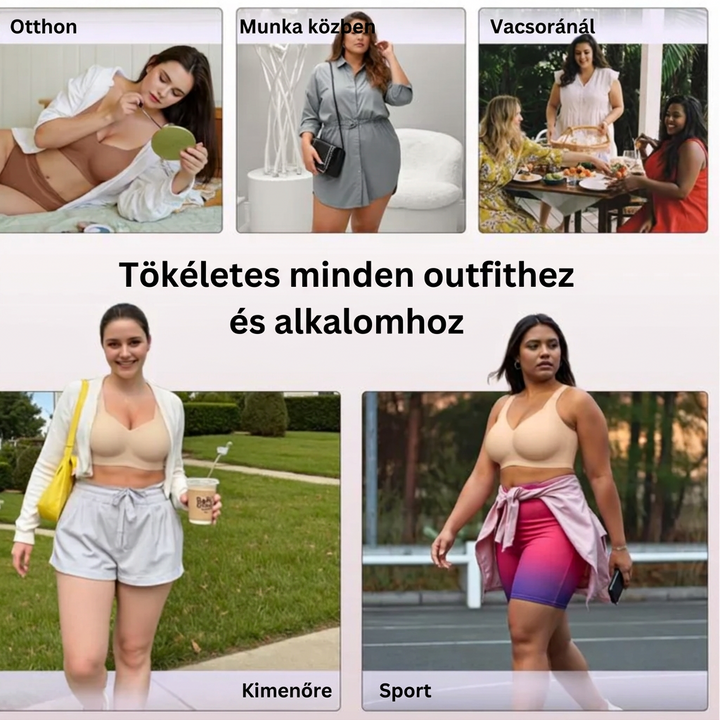 Öt jelenet, ahol a modellek bézs vagy barna melltartót viselnek otthon, munkában, vacsorán, sétán és sportoláskor 15