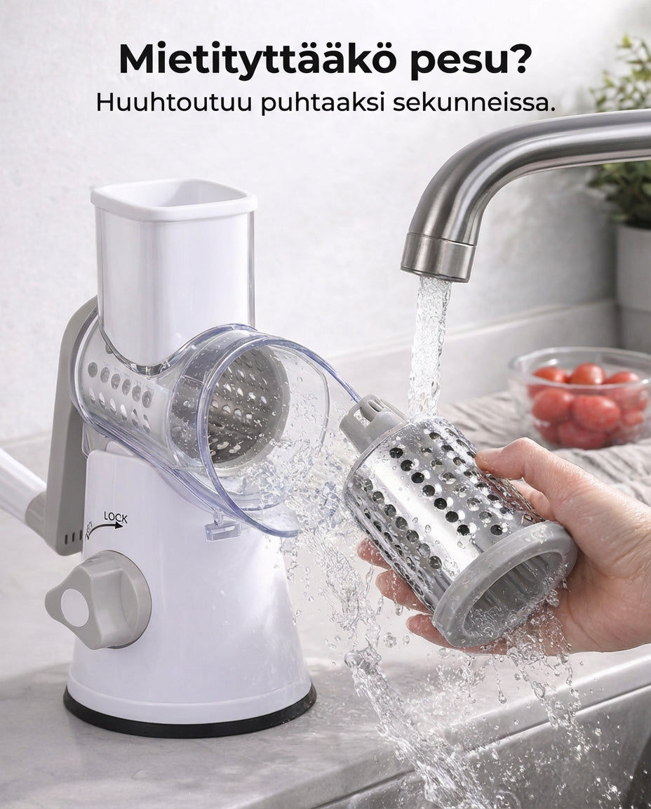 Egy kéz folyó csap alatt mossa az egyik rozsdamentes dobot, mellette a szürke-fehér aprító nyitott, áttetsző fedővel. 7