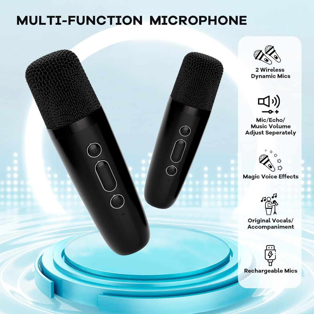 Hordozható Mini Karaoke Gépe Bluetooth Hangszóróval és 2 Vezeték nélküli Mikrofonnal – Veylo