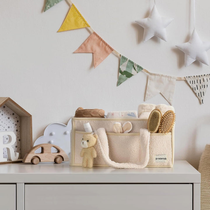 Baby Nappy Caddy Szervező – Plüss Sherpa Tároló Kosár Rekeszekkel – Elvoria