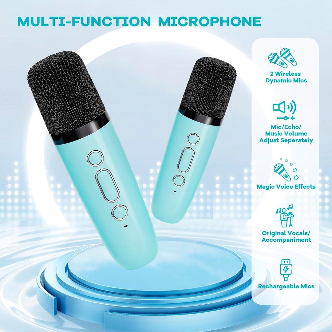 Hordozható Mini Karaoke Gépe Bluetooth Hangszóróval és 2 Vezeték nélküli Mikrofonnal – Veylo