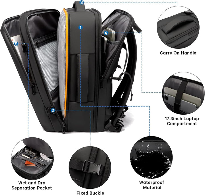 Bővíthető 26–45L vízálló utazó hátizsák laptop rekesszel és sporttáska fogantyúval