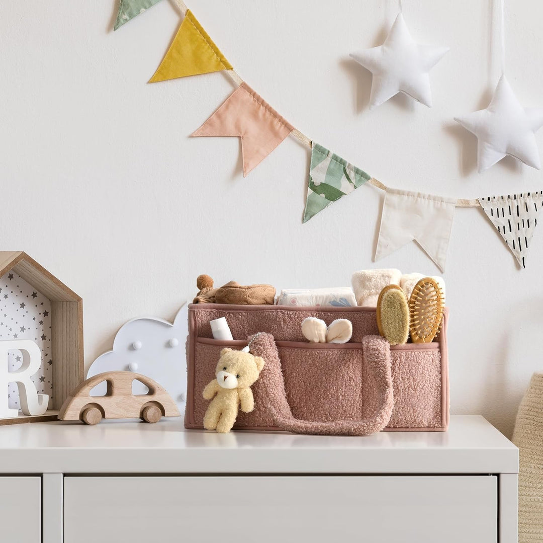 Baby Nappy Caddy Szervező – Plüss Sherpa Tároló Kosár Rekeszekkel – Elvoria