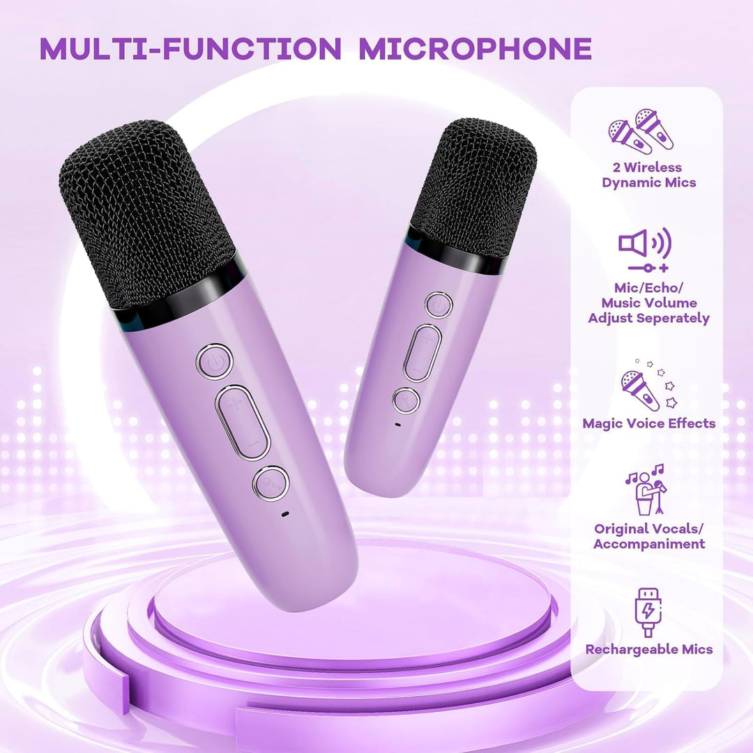 Hordozható Mini Karaoke Gépe Bluetooth Hangszóróval és 2 Vezeték nélküli Mikrofonnal – Veylo