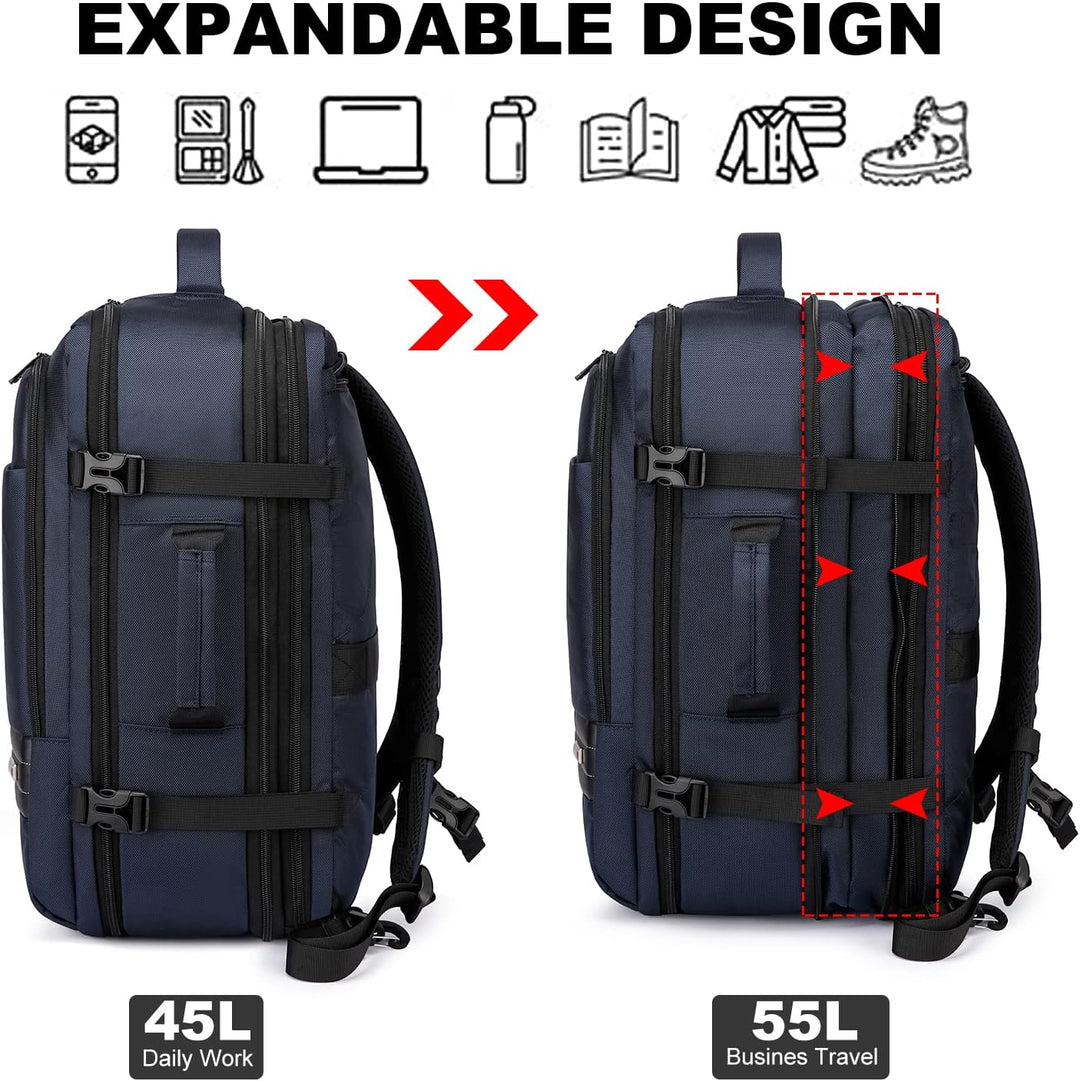 Bővíthető 45L–55L vízálló utazási hátizsák 18"-os laptop rekesszel