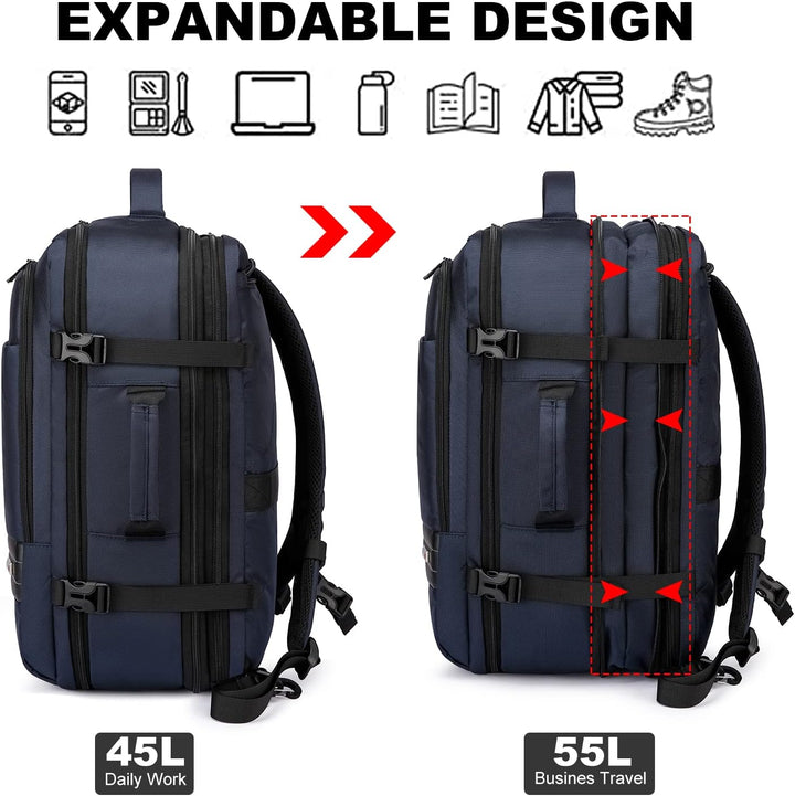 Bővíthető 45L–55L vízálló utazási hátizsák 18"-os laptop rekesszel