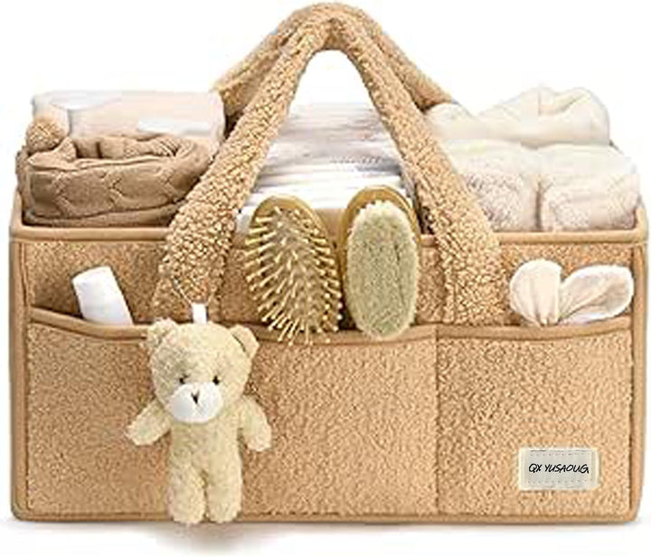Baby Nappy Caddy Szervező – Plüss Sherpa Tároló Kosár Rekeszekkel – Elvoria