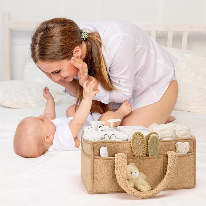Baby Nappy Caddy Szervező – Plüss Sherpa Tároló Kosár Rekeszekkel – Elvoria