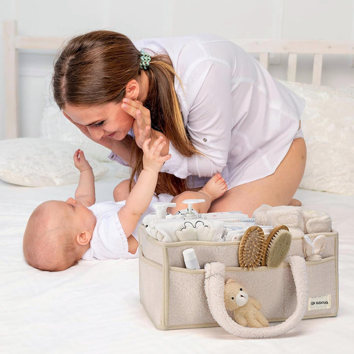 Baby Nappy Caddy Szervező – Plüss Sherpa Tároló Kosár Rekeszekkel – Elvoria