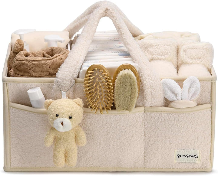 Baby Nappy Caddy Szervező – Plüss Sherpa Tároló Kosár Rekeszekkel – Elvoria