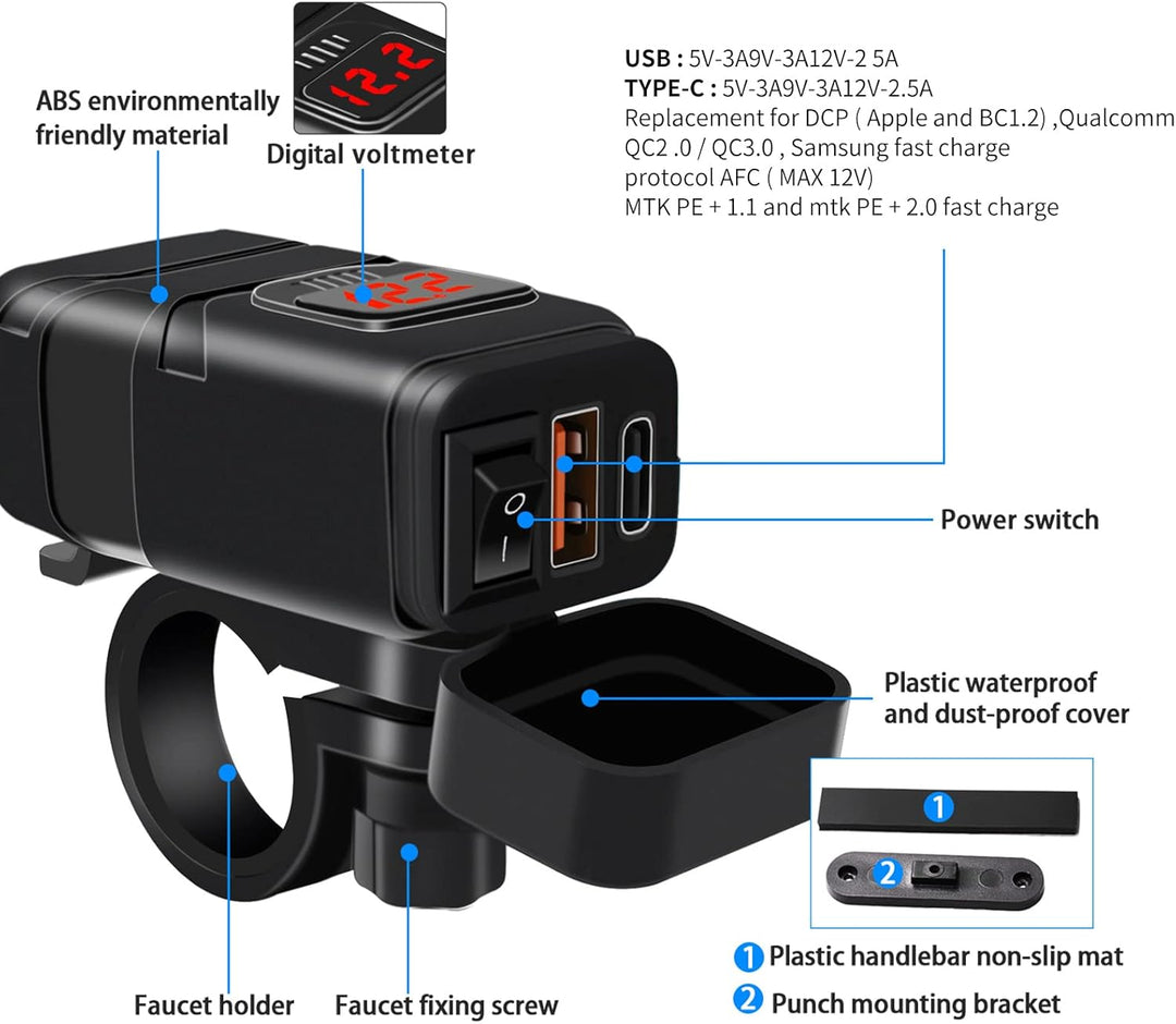 Motorkerékpár USB & Type-C Gyors Töltő Voltméterrel – Drayvik