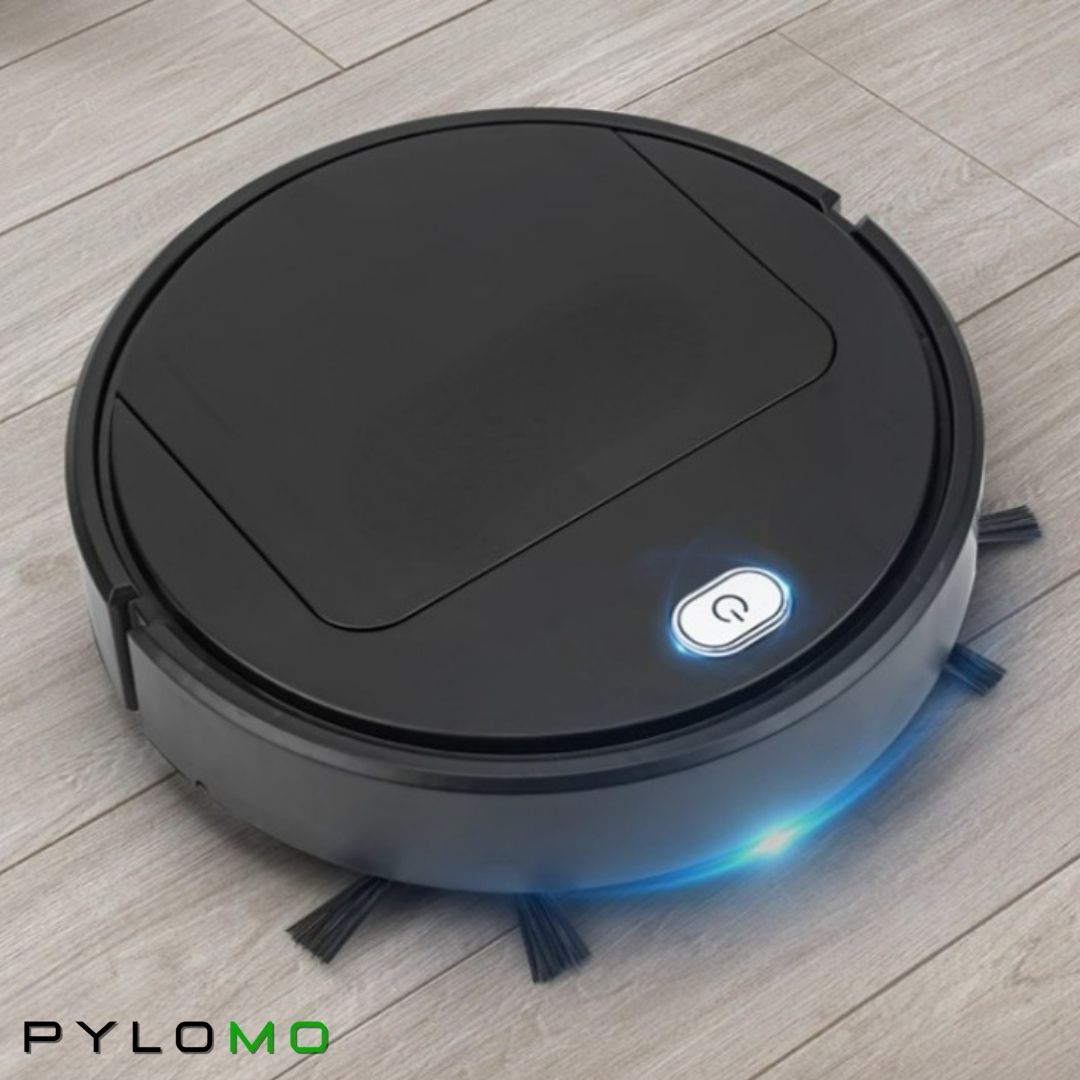 Fekete robotporszívó világos padlón, kék fényű peremmel és világító gombbal, látható oldalkefékkel. 4