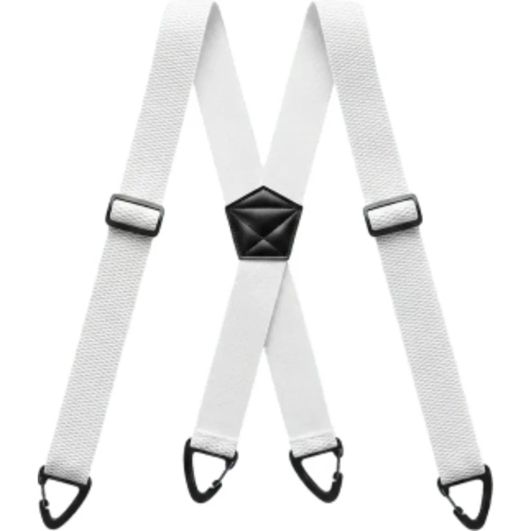 Fehér, X alakú nadrágtartó fekete csipeszekkel, fekete középső elemmel és állítható csúszkákkal 3