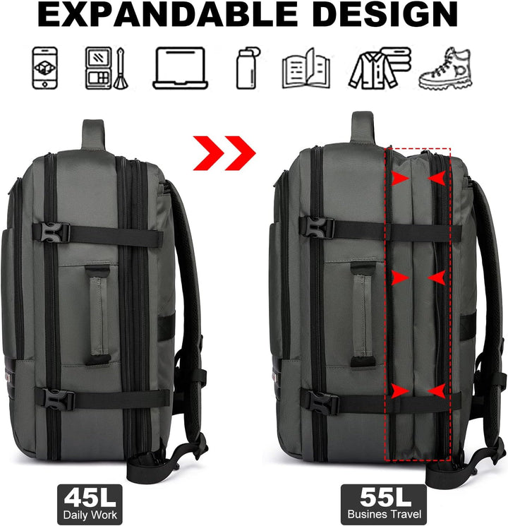 Bővíthető 45L–55L vízálló utazási hátizsák 18"-os laptop rekesszel