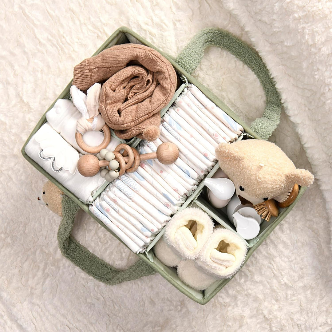 Baby Nappy Caddy Szervező – Plüss Sherpa Tároló Kosár Rekeszekkel – Elvoria
