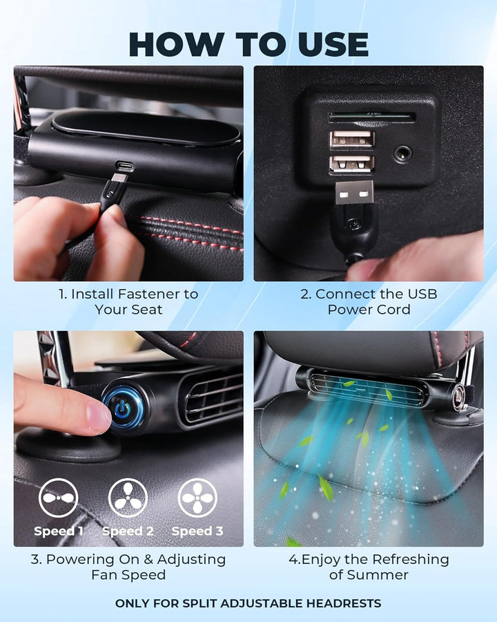 3 Sebességes USB Autós Hűtő Ventilátor & Fejtámasz Rögzítő – AutoBreeze (1+1 INGYEN)