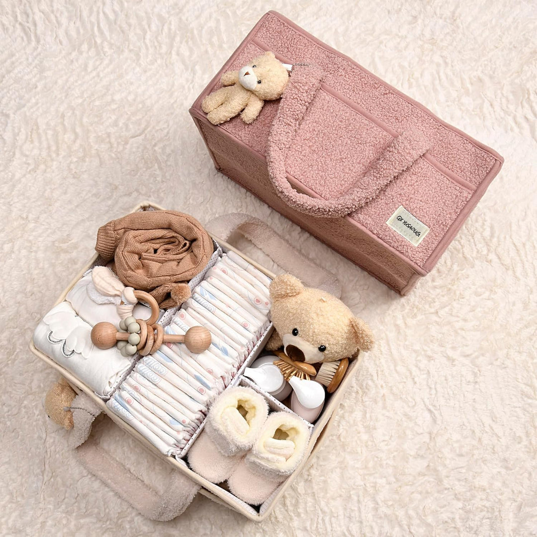 Baby Nappy Caddy Szervező – Plüss Sherpa Tároló Kosár Rekeszekkel – Elvoria
