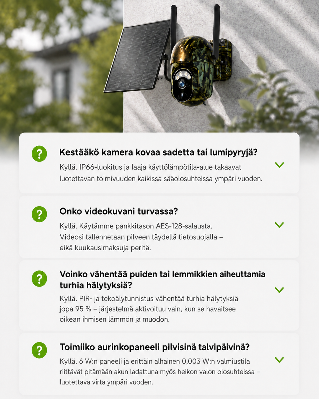 Falra szerelt álcamintás napelemes kamera, alatta négy gyakori kérdés és válasz a kamera használatáról. 12