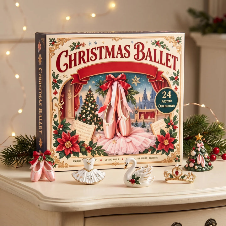 Balettes, karácsonyi mintájú adventi naptár doboza komódon, előtte kis balettcipő, tütü, hattyú és korona díszek 1