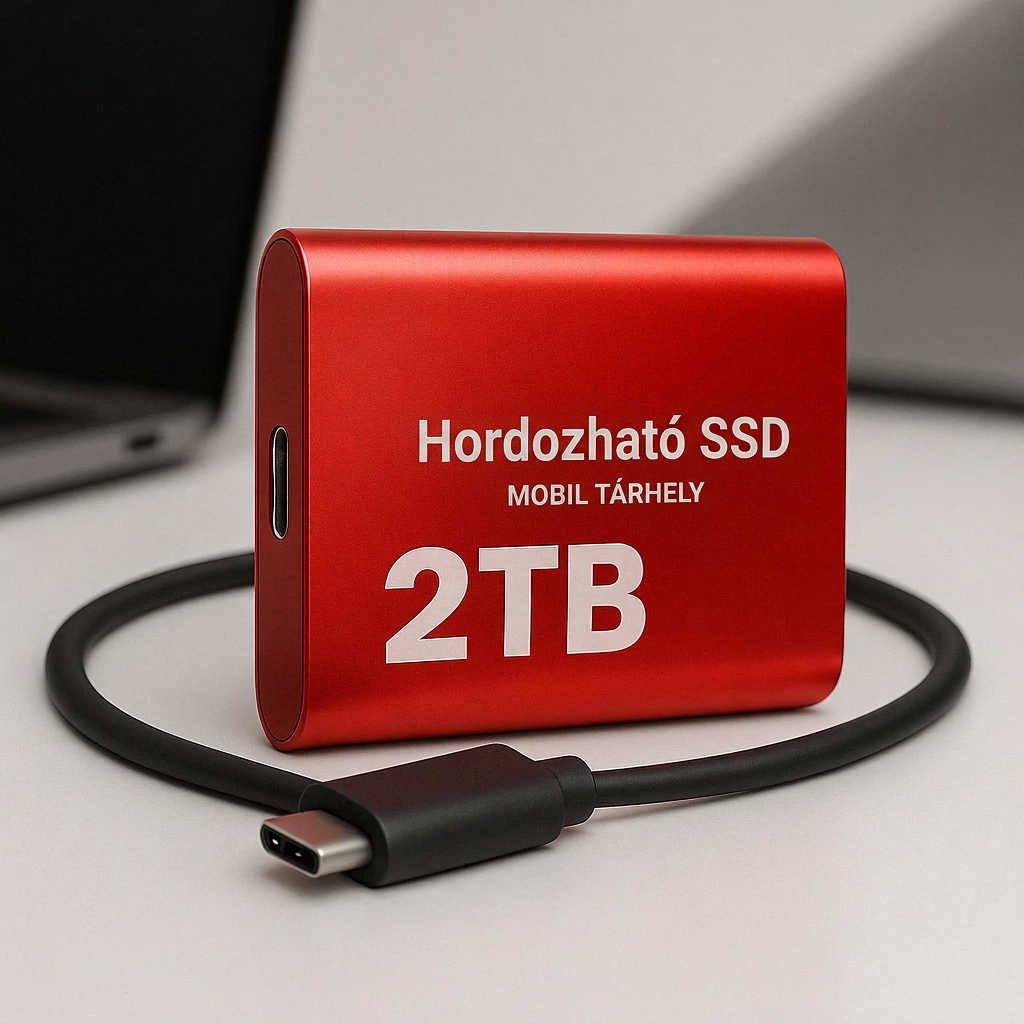 Piros külső SSD felgöngyölt USB-C kábellel, háttérben elmosódott laptop az asztalon 3