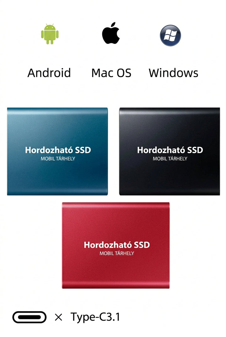 Kék, fekete és piros SSD egymás mellett, fölöttük Android, Mac és Windows ikonok 5
