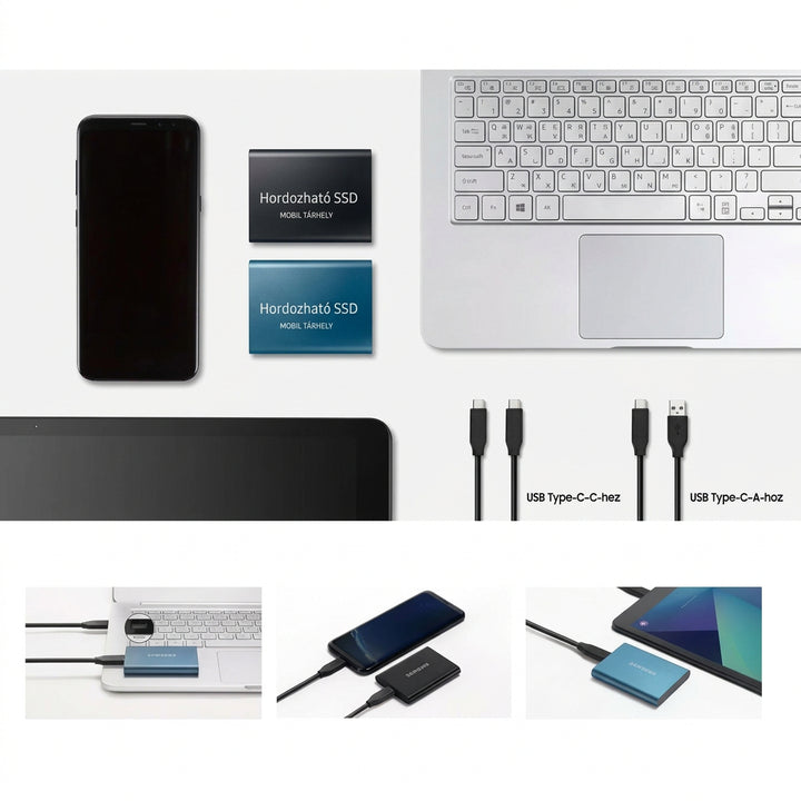 Lapos fotó: SSD-k telefon, laptop és tablet mellett, alul USB-C kábelek és csatlakoztatási példák 6