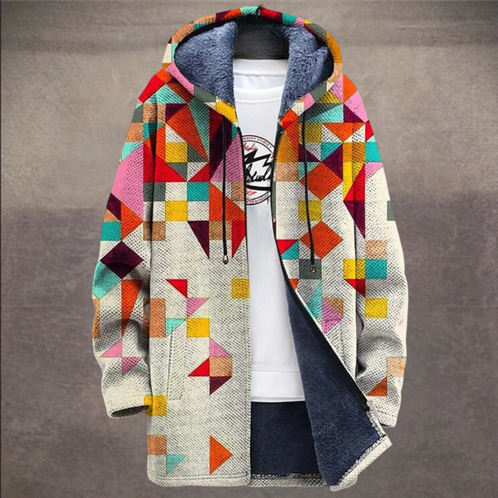 Retro Férfi Kabát Colorblock Nyomattal és Kapucnival – Eliano