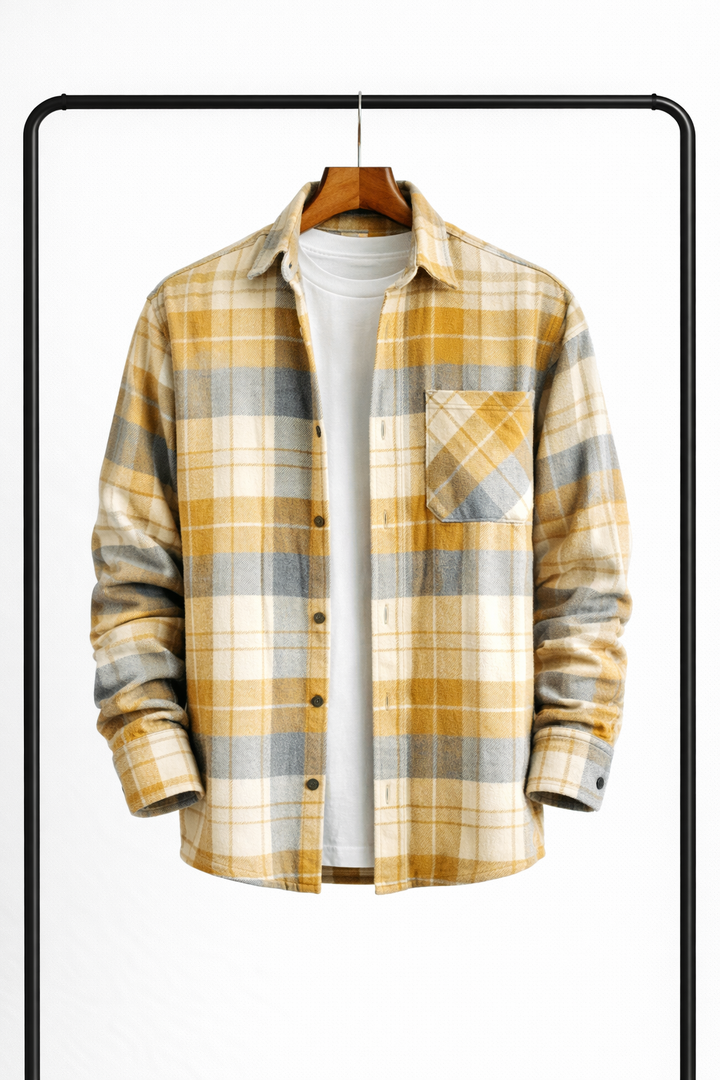 Sárga, szürke és krémszínű kockás overshirt elölről, fogason, nyitott gombokkal, alatta fehér póló. 4